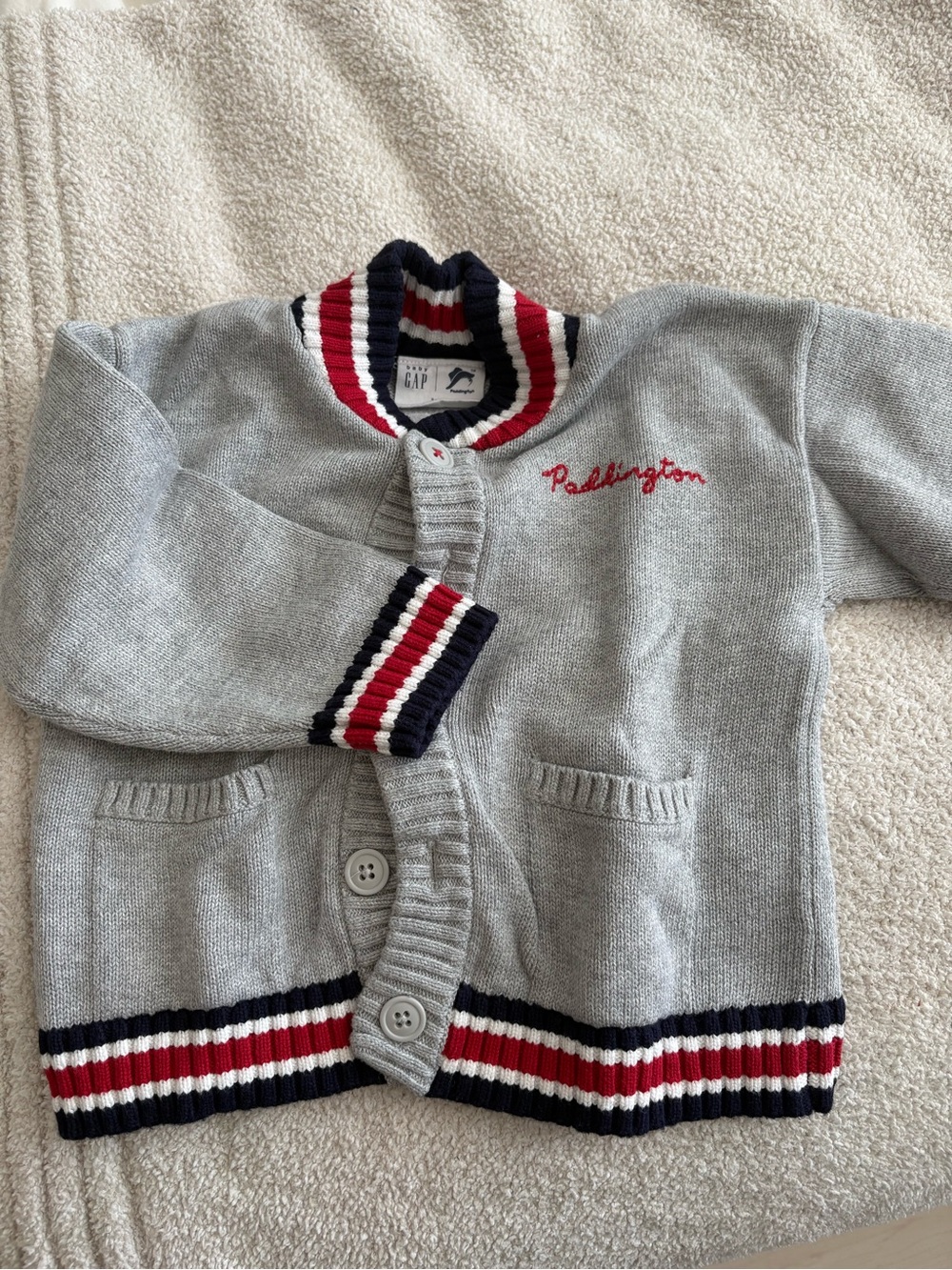 GAP Light Gray Baby Cardigan with Red, Navy & White Trim